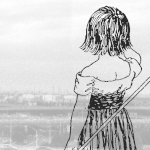 a girl holding a stick looking into the distance