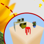 a computer, stool, and plant sat on a floating cube