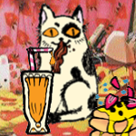 a cat sipping orange juice