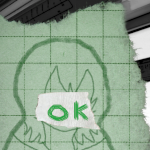 a drawing of a girl with tape on her face. the tape has 'OK' written on it in marker.